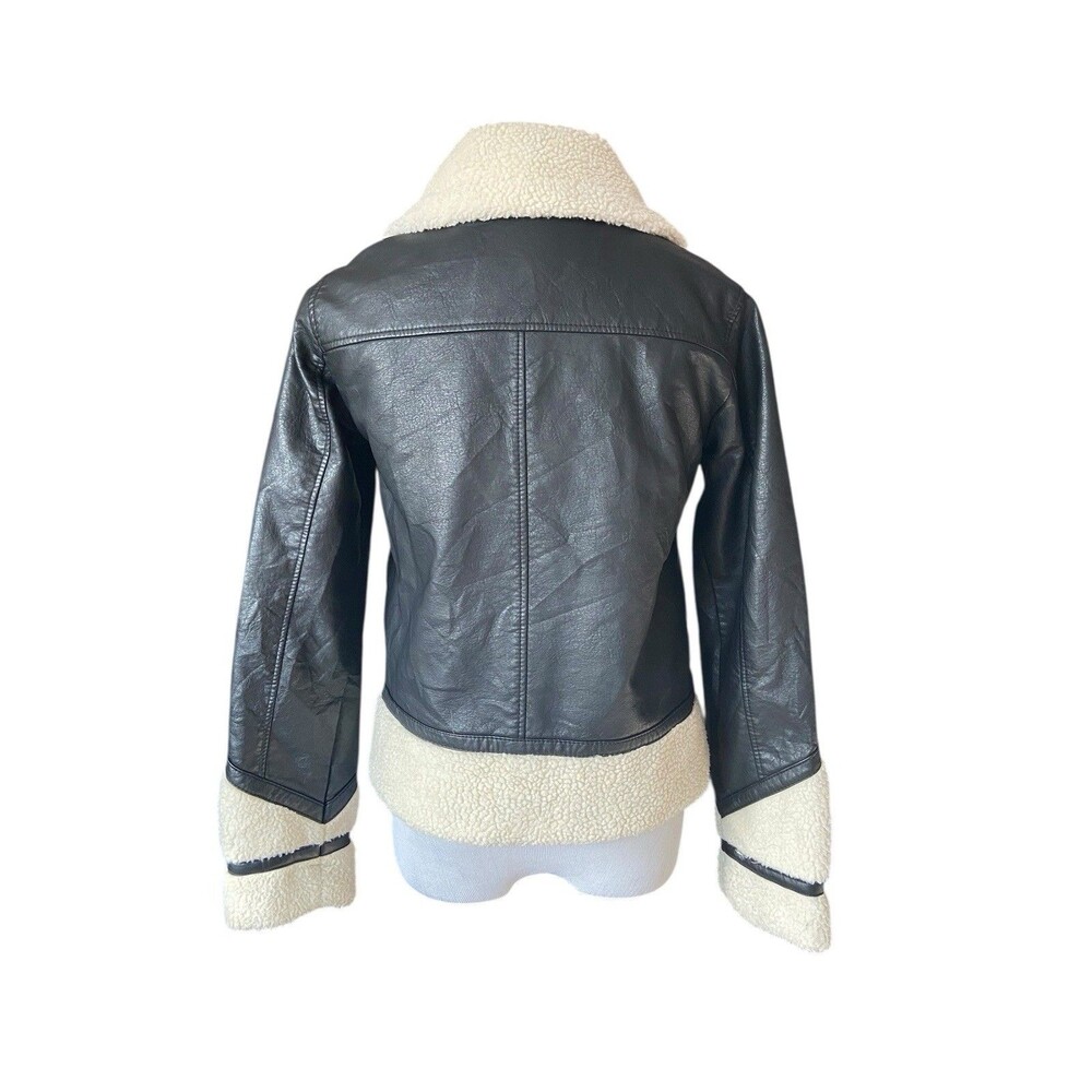 Womens Y2K Faux Leather Sherpa Aviator Jacker Size XS Black Bratzcore Moto Retro - Picture 4 of 14